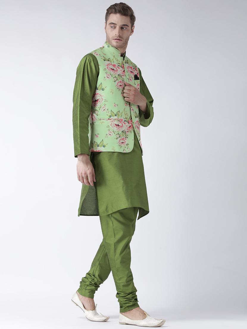 green solid kurta pyjama set with green floral nehru jacket - 17357021 - Zoom Image - 3