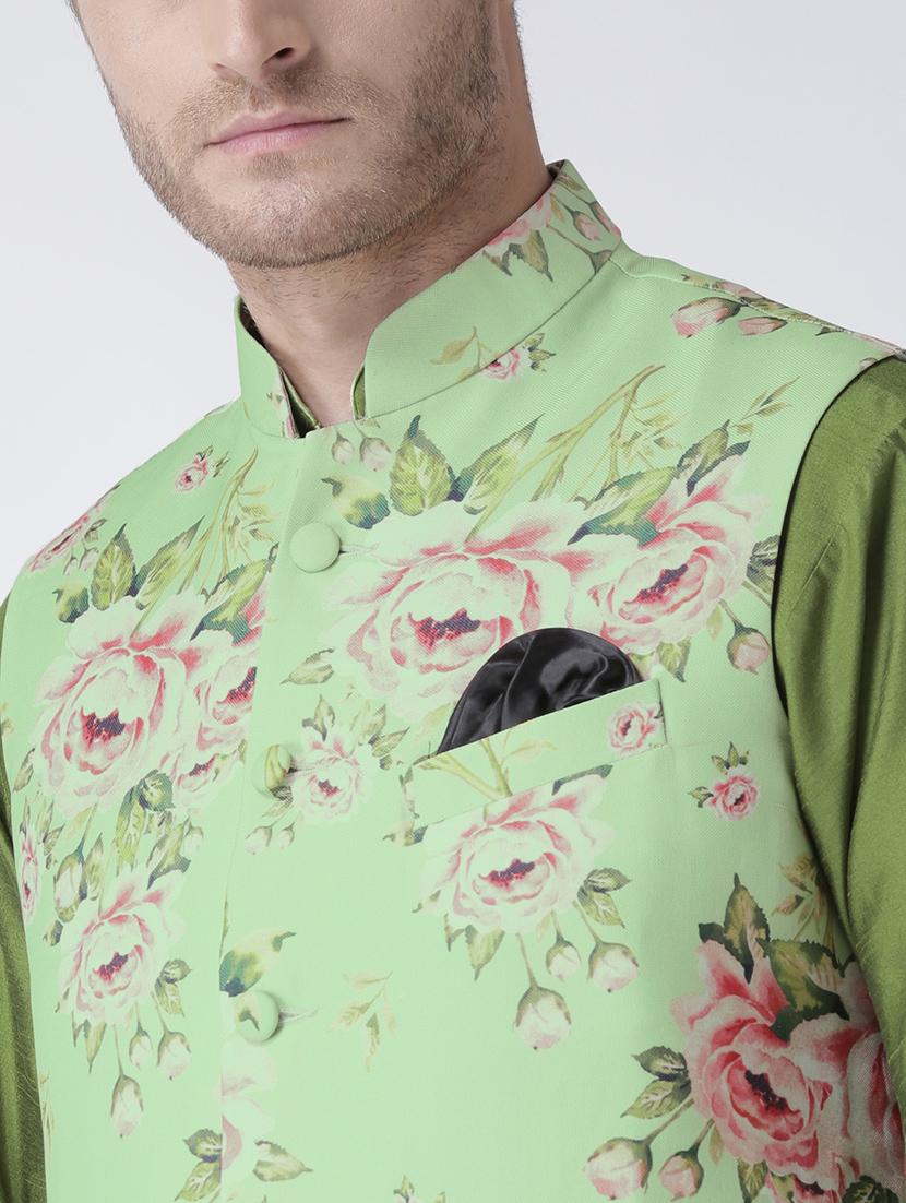 green solid kurta pyjama set with green floral nehru jacket - 17357021 - Zoom Image - 5