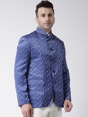 blue printed bandhgala casual blazer - 17357794 - Standard Image - 3