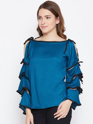 contrast piped cut out sleeved top - 17359428 - Standard Image - 2