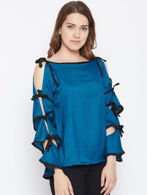 contrast piped cut out sleeved top - 17359428 - Standard Image - 3
