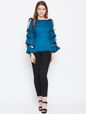 contrast piped cut out sleeved top - 17359428 - Standard Image - 5