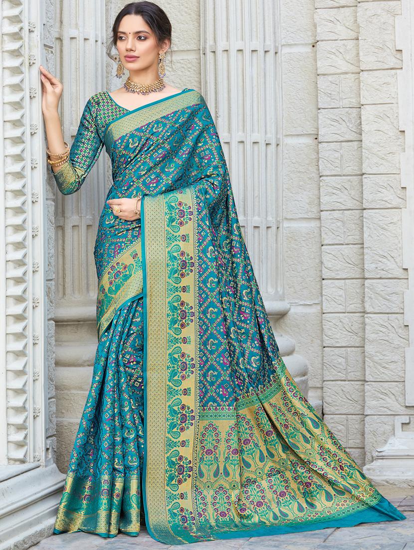 teal printed saree with blouse - 17360808 - Zoom Image - 1
