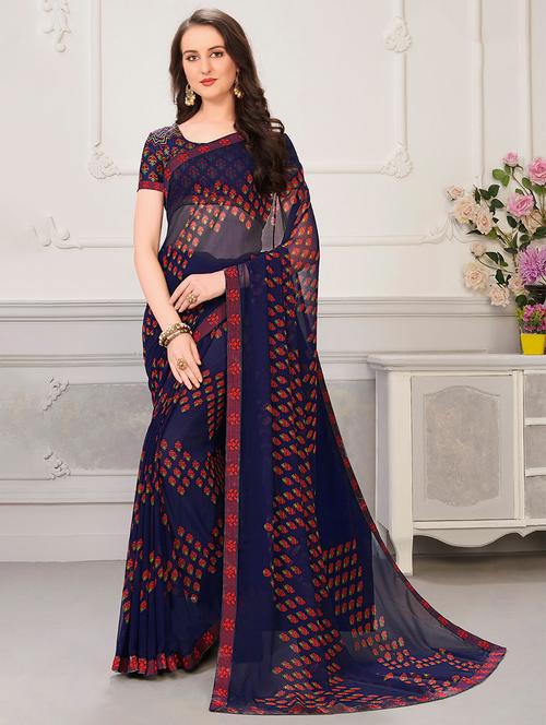 navy silk blend printed saree with blouse - 17361904 - Standard Image - 1