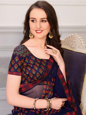 navy silk blend printed saree with blouse - 17361904 - Standard Image - 2