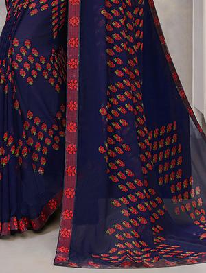 navy silk blend printed saree with blouse - 17361904 - Standard Image - 3