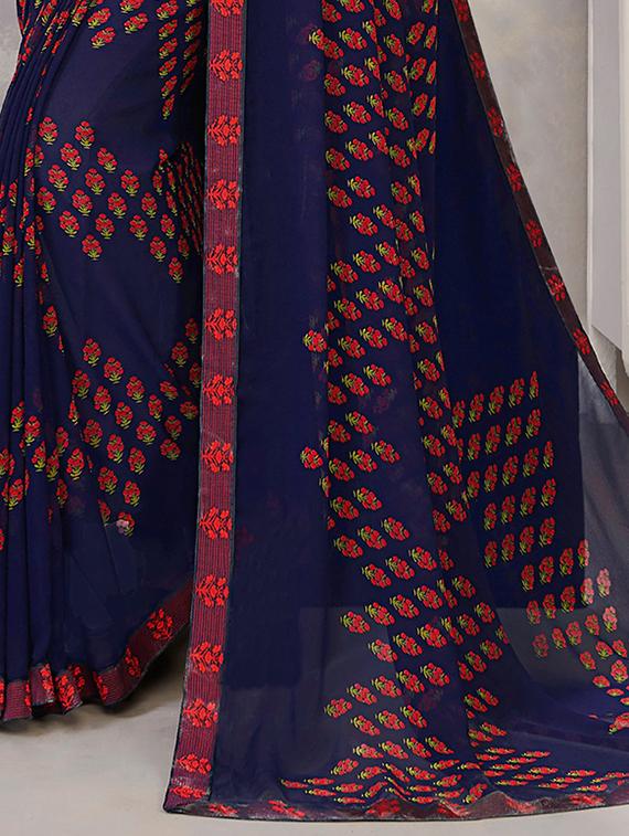 navy silk blend printed saree with blouse - 17361904 - Zoom Image - 3