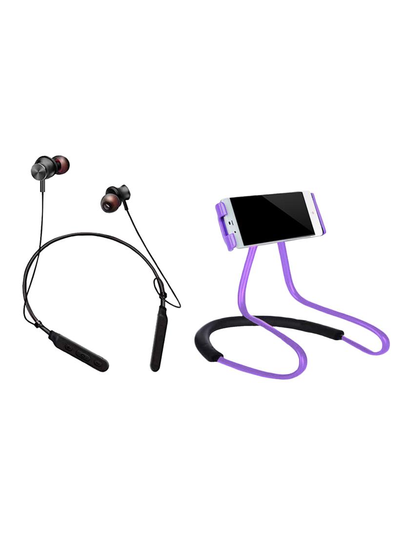 multi colored headphone wireless bluetooth neck earphone with mic with mobile phone holder/lazy stand. - 17362402 - Zoom Image - 1