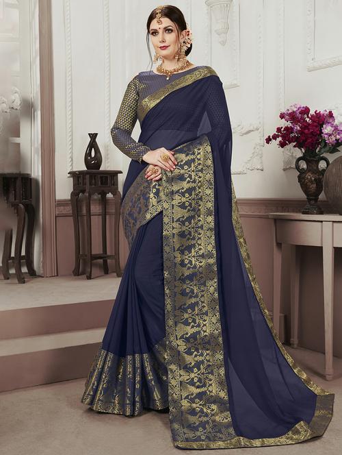 navy blue woven saree with blouse - 17363318 - Standard Image - 1