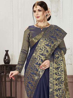 navy blue woven saree with blouse - 17363318 - Standard Image - 2