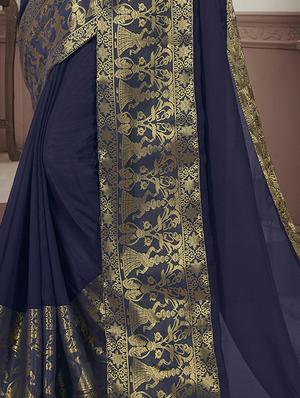 navy blue woven saree with blouse - 17363318 - Standard Image - 3