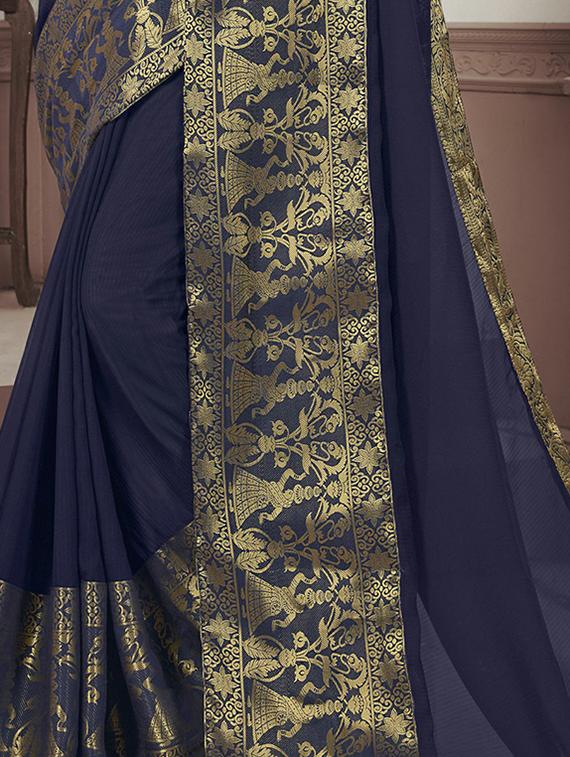 navy blue woven saree with blouse - 17363318 - Zoom Image - 3