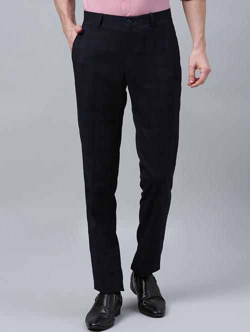navy blue checkered flat front formal trouser - 17367983 - Standard Image - 1