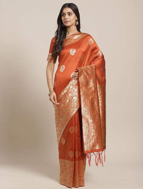 rust banarasi saree with blouse - 17372335 - Very Small Image - 1
