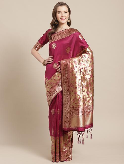 magenta silk blend banarasi saree with blouse - 17372344 - Standard Image - 1
