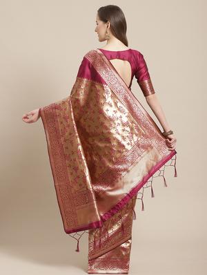 magenta silk blend banarasi saree with blouse - 17372344 - Standard Image - 2