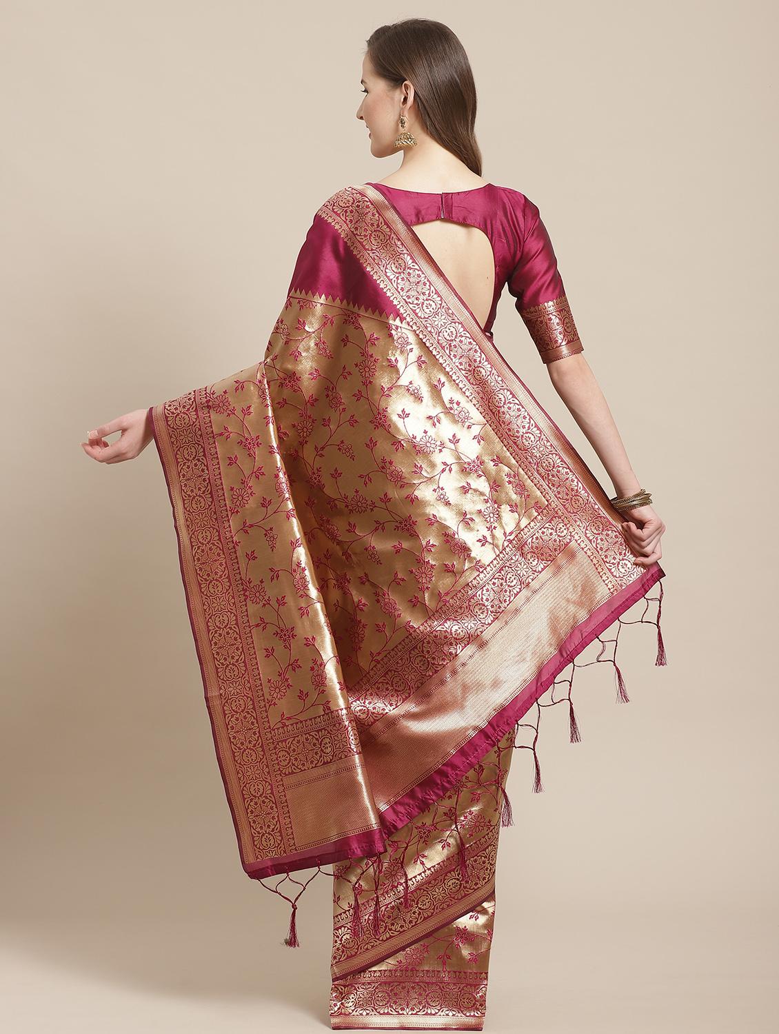 magenta silk blend banarasi saree with blouse - 17372344 - Zoom Image - 2