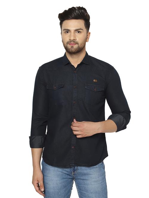 black solid denim casual shirt - 17374385 - Standard Image - 1