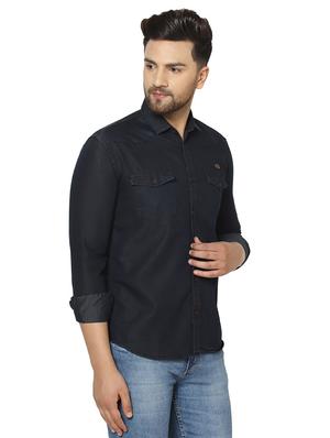 black solid denim casual shirt - 17374385 - Standard Image - 2