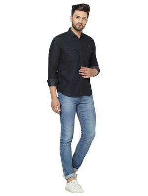 black solid denim casual shirt - 17374385 - Standard Image - 4