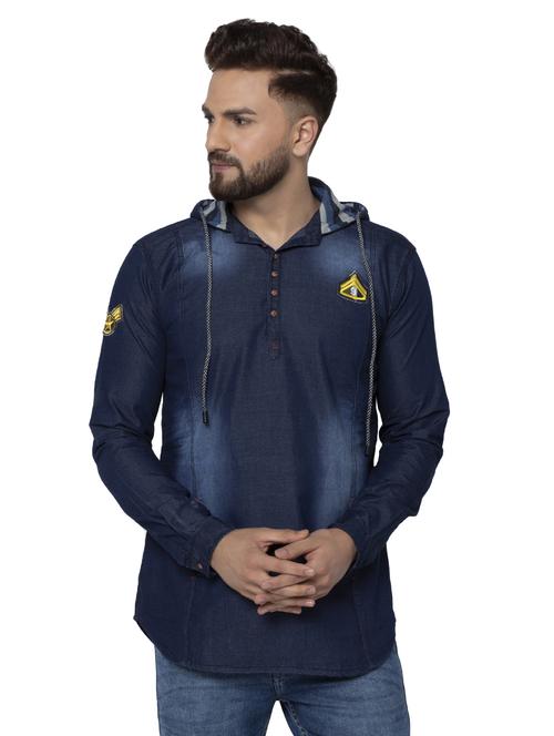 dark blue faded denim hooded casual shirt - 17374406 - Very Small Image - 1