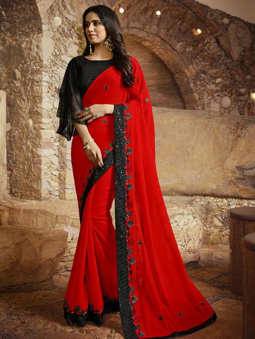 contrast embroidered saree with blouse - 17374578 - Standard Image - 1