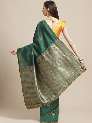 bottle green woven saree with blouse - 17375030 - Standard Image - 2