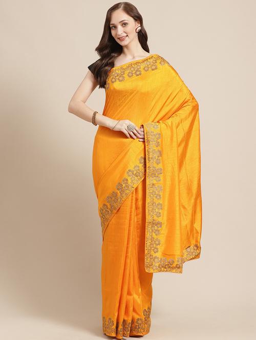 mustard silk blend plain saree with blouse - 17375094 - Very Small Image - 1