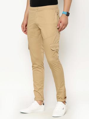 beige solid cargo casual trousers - 17376757 - Standard Image - 2