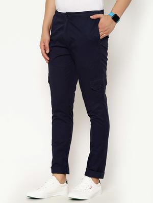 navy blue solid cargo casual trousers - 17376758 - Standard Image - 2