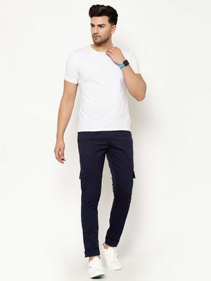 navy blue solid cargo casual trousers - 17376758 - Standard Image - 4