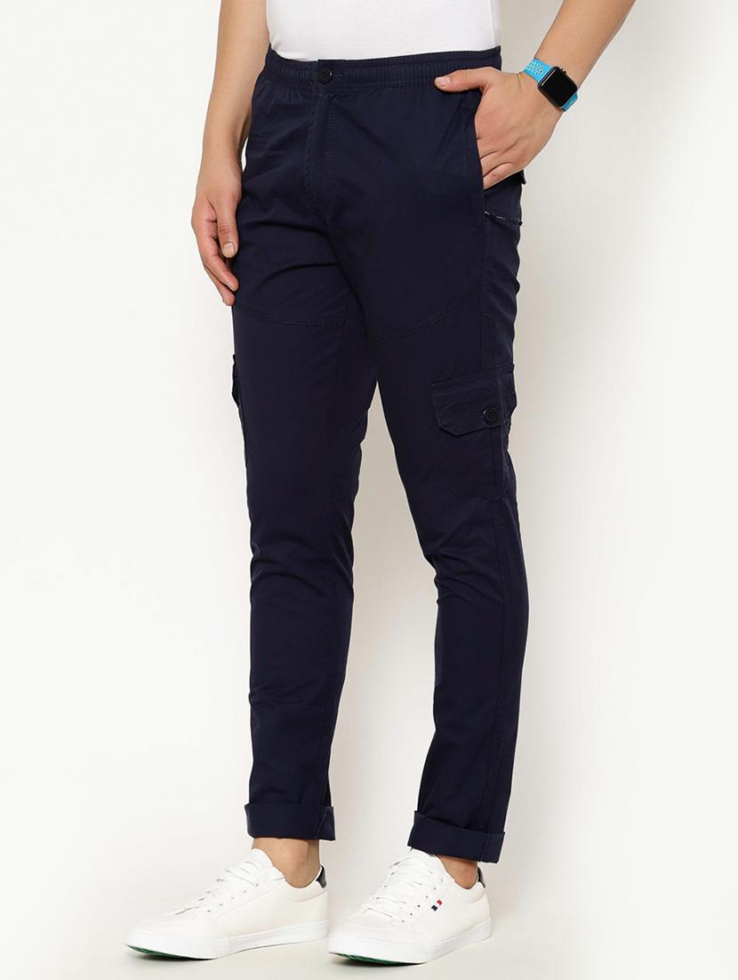 navy blue solid cargo casual trousers - 17376758 - Zoom Image - 2