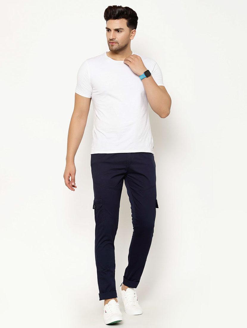 navy blue solid cargo casual trousers - 17376758 - Zoom Image - 4