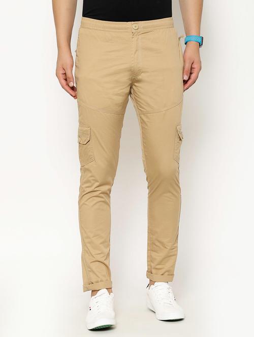 beige solid cargo casual trousers - 17376759 - Standard Image - 1