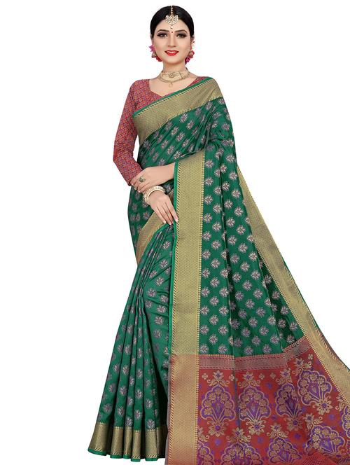 bottle green woven saree with blouse - 17379625 - Very Small Image - 1