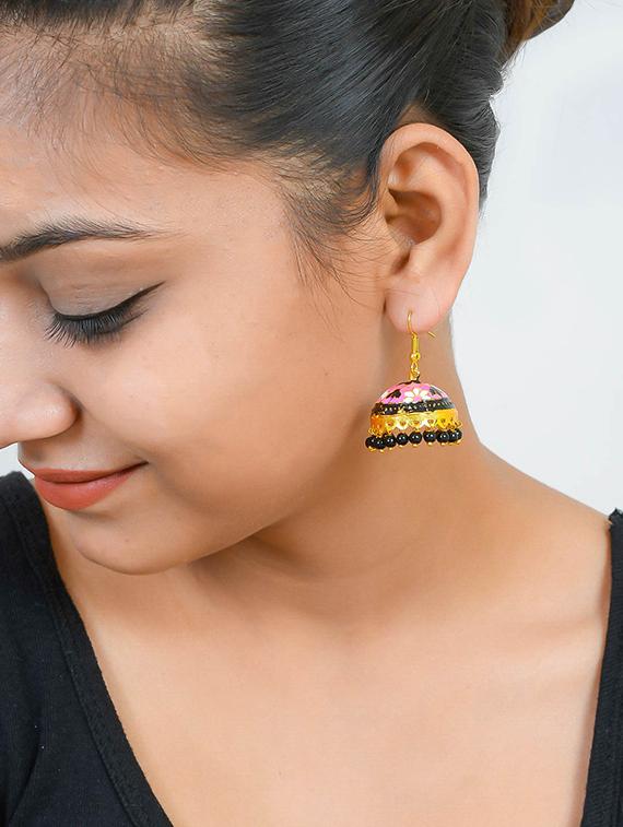 pink brass jhumka earring - 17381838 - Zoom Image - 4