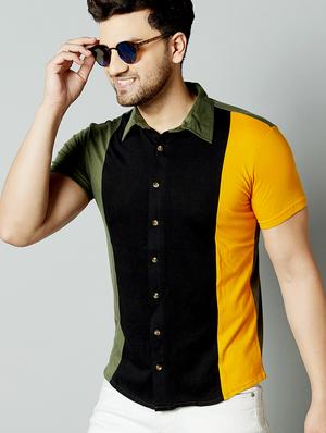 olive green color block casual shirt - 17383245 - Standard Image - 2