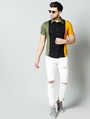 olive green color block casual shirt - 17383245 - Standard Image - 4