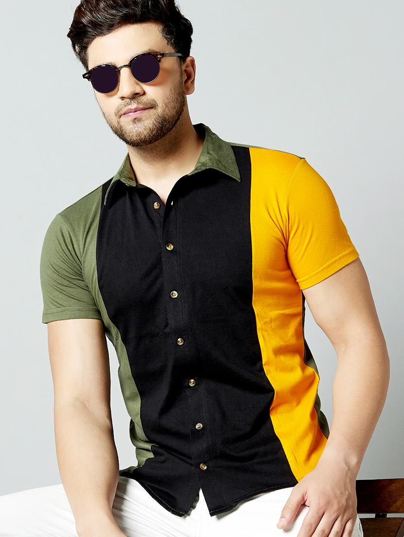 olive green color block casual shirt - 17383245 - Zoom Image - 1