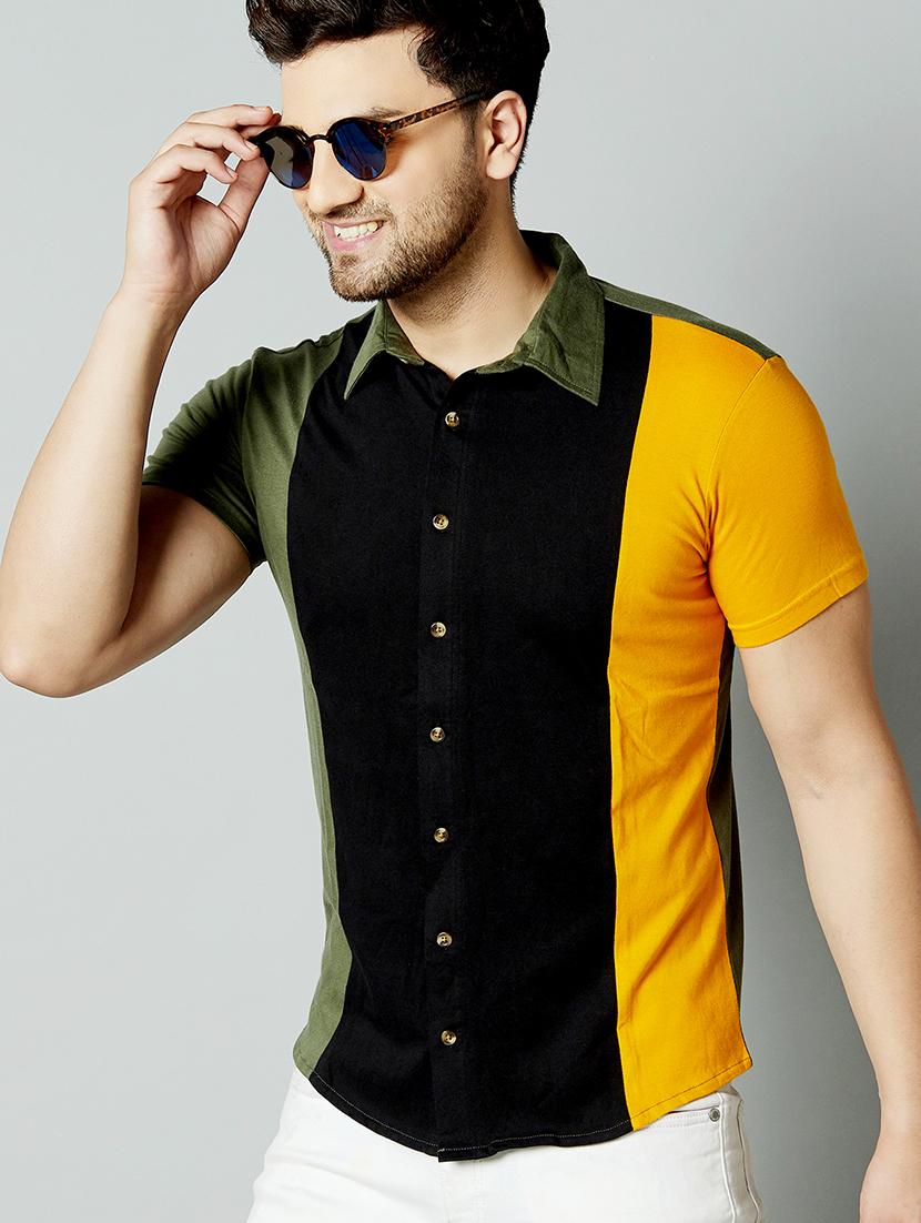 olive green color block casual shirt - 17383245 - Zoom Image - 2