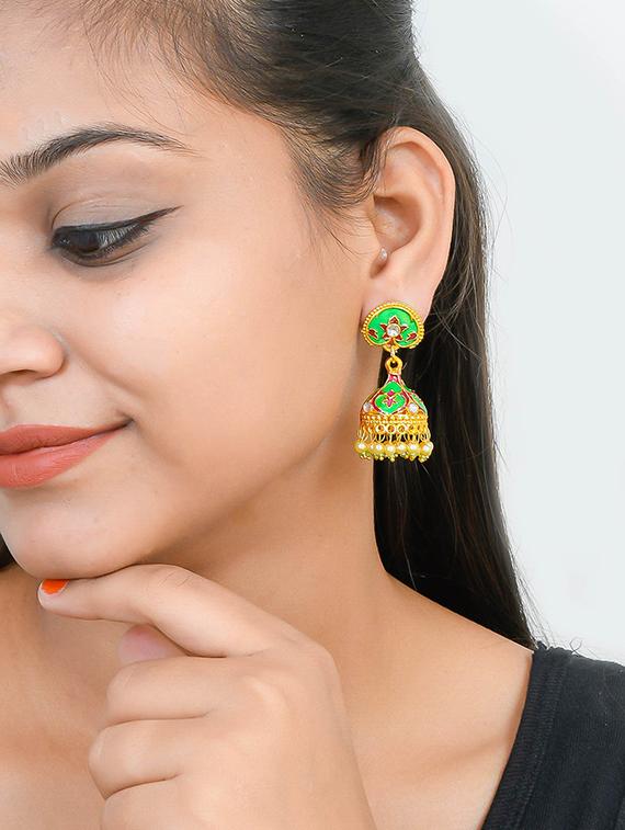 green brass jhumka earring - 17383290 - Zoom Image - 4