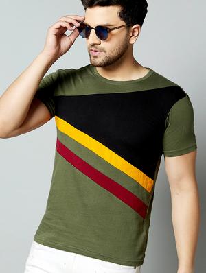 olive green color block cut & sew t-shirt - 17383294 - Standard Image - 2