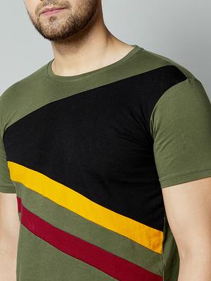 olive green color block cut & sew t-shirt - 17383294 - Standard Image - 4