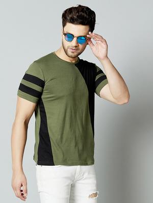 olive green color block cut & sew t-shirt - 17383325 - Standard Image - 2