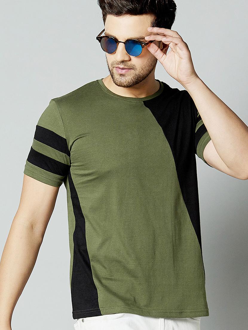 olive green color block cut & sew t-shirt - 17383325 - Zoom Image - 1