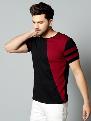 maroon color block cut & sew t-shirt - 17383335 - Standard Image - 2