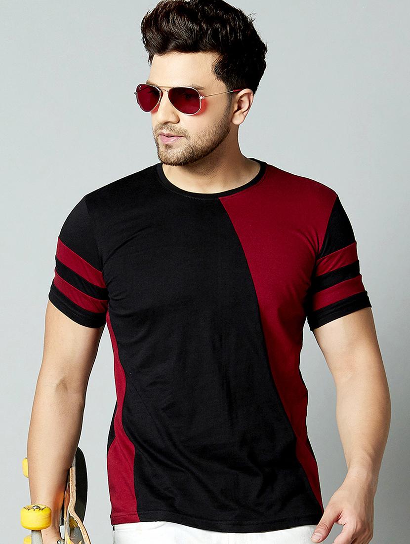 maroon color block cut & sew t-shirt - 17383335 - Zoom Image - 1
