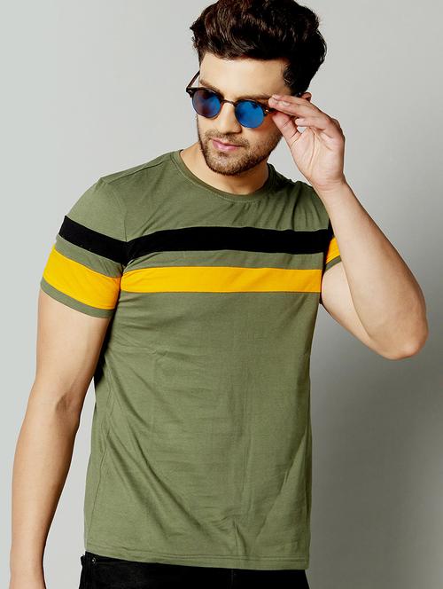olive green color block cut & sew t-shirt - 17383342 - Standard Image - 1