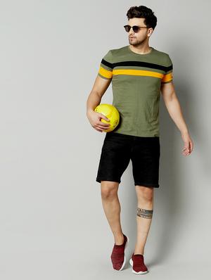 olive green color block cut & sew t-shirt - 17383342 - Standard Image - 3