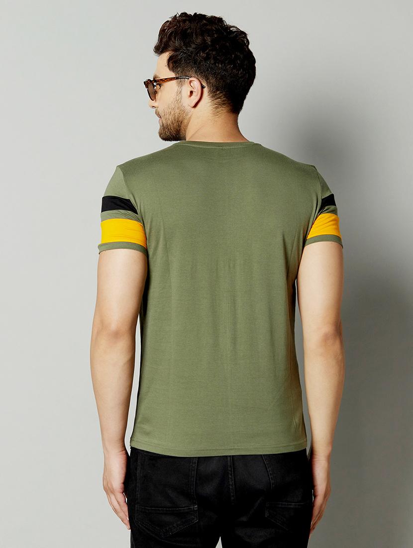 olive green color block cut & sew t-shirt - 17383342 - Zoom Image - 2